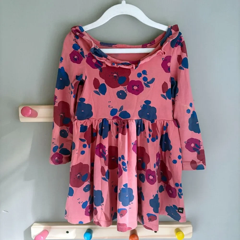Tea Collection Pink Floral Twirly Boat Neck Long Sleeve Dress